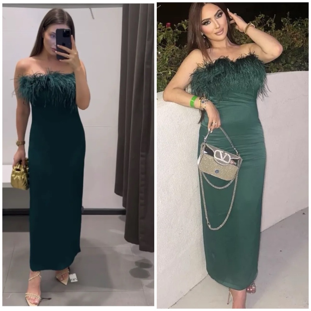 Zara green satin midi dress with feathers